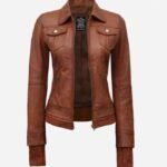 Tralee Tan Bomber Leather Jacket With Detachable Hood