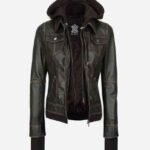 Tralee Rub off Brown Bomber Leather Jacket With Removable Hood