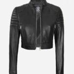 Womens Black Cropped Leather Cafe Racer Jacket