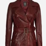 Womens Asymmetrical Belted Moto Biker Real Lambskin Maroon Leather Jacket