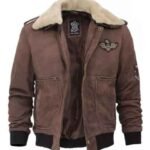 G1 Brown Leather Bomber Aviator Jacket with Shearling Collar For Men