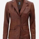 Brown Notch Lapel Two Button Womens Leather Blazer Jacket