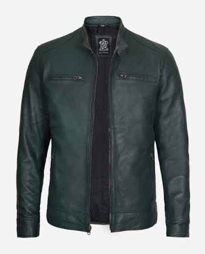1-137.jpg Dodge Dark Green Cafe Racer Leather Jacket for Men - Image 1