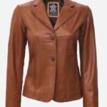 Womens Wide Lapel Two Button Tan Leather Blazer