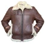 RAF Mens Leather Light Brown Bomber Jacket With Fur Collar