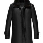 Men's 3/4 length Premium Black Leather Coat with Shearling Collar