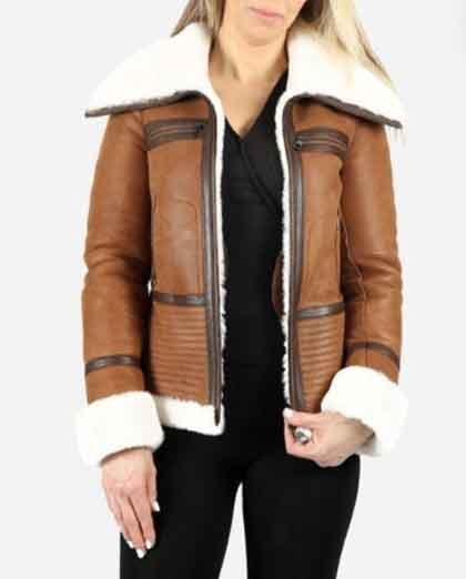 Ladies Sheepskin Real Shearling Tan Whiskey Beige Fur Jacket