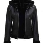 Grace Womens Black Leather Aviator Jacket With Hood