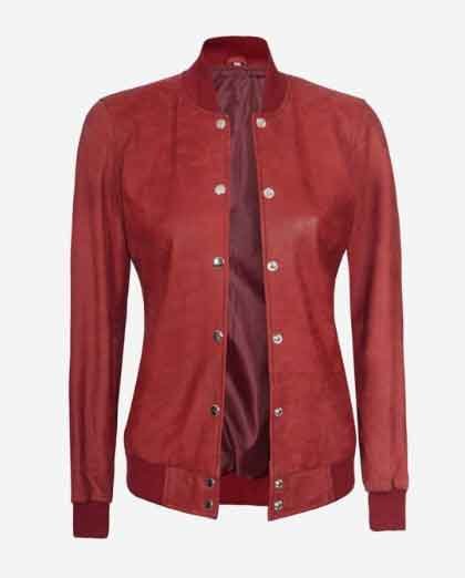 1-80.jpg Melody Women's Snuff Leather Maroon Bomber Jacket - Image 1