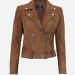 Melanie Brown Suede Biker Leather Jacket for Women